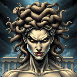 A powerful depiction of Medusa from Greek mythology, showcasing strong and defined facial features