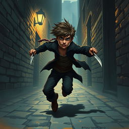 A short thief depicted in a realistic style, captured in the act of fleeing while holding two sharp daggers