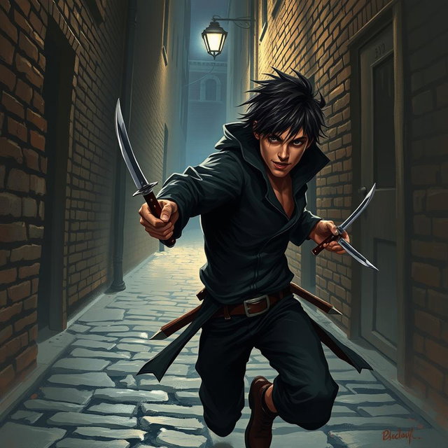 A short thief depicted in a realistic style, captured in the act of fleeing while holding two sharp daggers