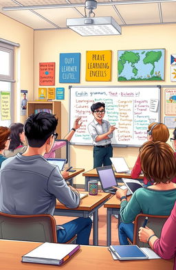 A detailed and vibrant depiction of an enthusiastic TEFL (Teaching English as a Foreign Language) classroom scene