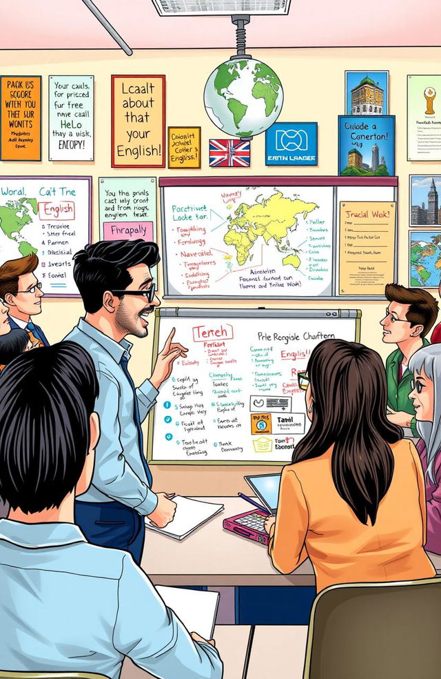 A detailed and vibrant depiction of an enthusiastic TEFL (Teaching English as a Foreign Language) classroom scene