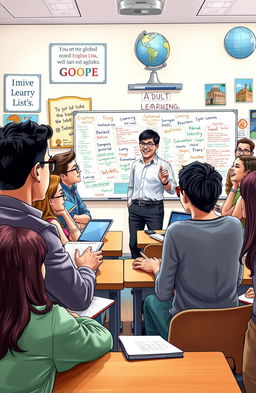 A detailed and vibrant depiction of an enthusiastic TEFL (Teaching English as a Foreign Language) classroom scene