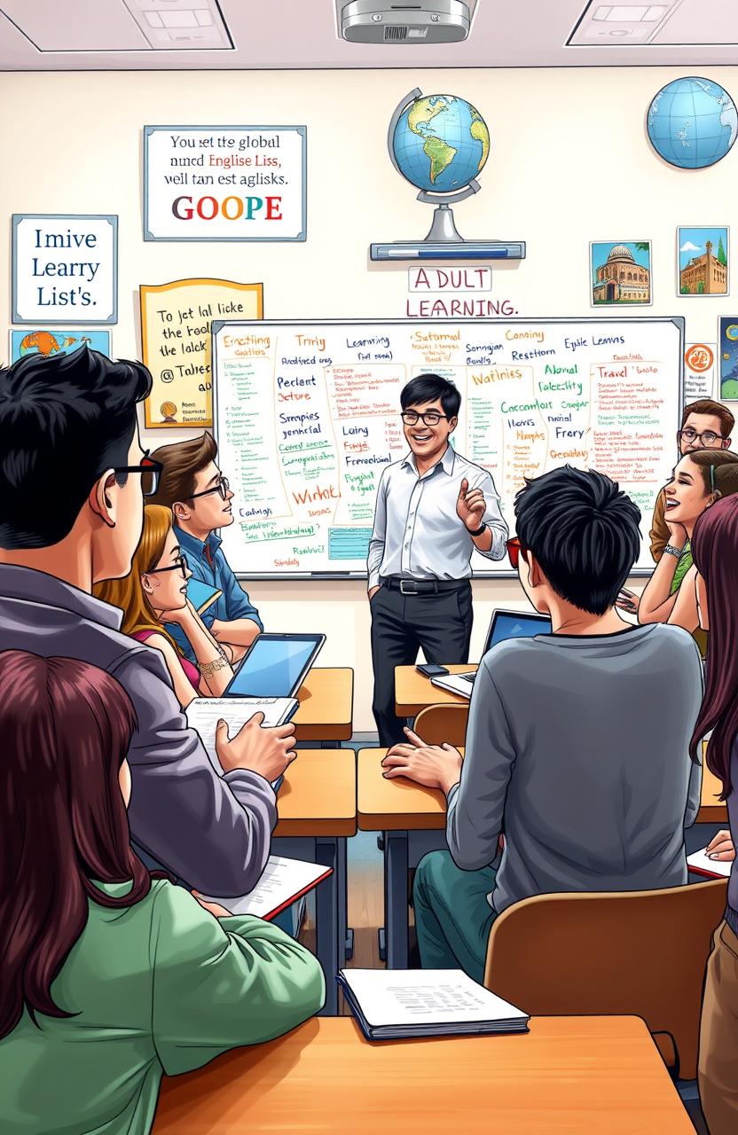 A detailed and vibrant depiction of an enthusiastic TEFL (Teaching English as a Foreign Language) classroom scene