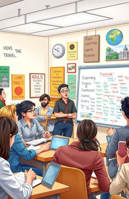 A detailed and vibrant depiction of an enthusiastic TEFL (Teaching English as a Foreign Language) classroom scene