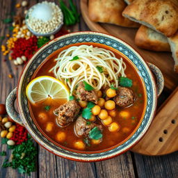 A delicious bowl of Harira soup topped with vermicelli noodles, showcasing a rich, aromatic broth filled with chickpeas, tender pieces of lamb, and fresh herbs