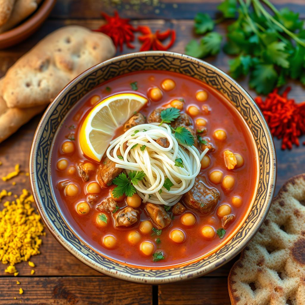A delicious bowl of Harira soup topped with vermicelli noodles, showcasing a rich, aromatic broth filled with chickpeas, tender pieces of lamb, and fresh herbs