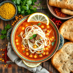 A delicious bowl of Harira soup topped with vermicelli noodles, showcasing a rich, aromatic broth filled with chickpeas, tender pieces of lamb, and fresh herbs
