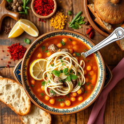 A delicious bowl of Harira soup topped with vermicelli noodles, showcasing a rich, aromatic broth filled with chickpeas, tender pieces of lamb, and fresh herbs