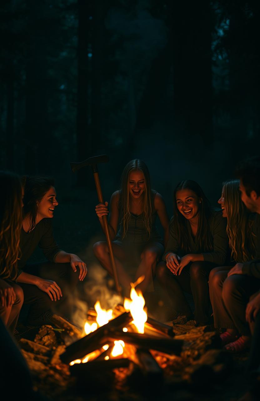 A mysterious and eerie campfire party scene set deep in the woods at night