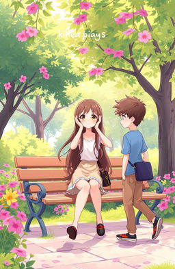 An animated cover illustration featuring a girl sitting on a park bench, with both hands on her face in a thoughtful pose