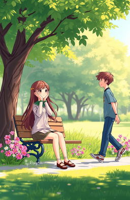 An animated cover illustration featuring a girl sitting on a park bench, with both hands on her face in a thoughtful pose