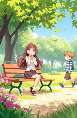 An animated cover illustration featuring a girl sitting on a park bench, with both hands on her face in a thoughtful pose