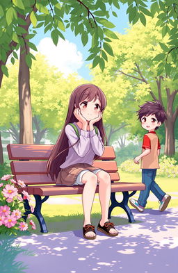 An animated cover illustration featuring a girl sitting on a park bench, with both hands on her face in a thoughtful pose