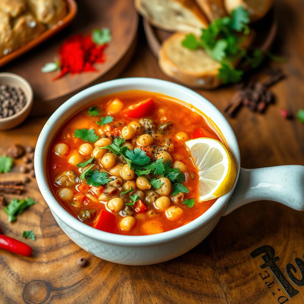 A beautiful bowl of traditional Algerian Harira soup, showcasing its rich, vibrant colors and textures