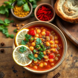 A beautiful bowl of traditional Algerian Harira soup, showcasing its rich, vibrant colors and textures