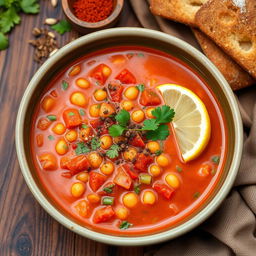 A beautiful bowl of traditional Algerian Harira soup, showcasing its rich, vibrant colors and textures