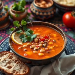 A beautifully styled bowl of traditional Algerian Harira soup, featuring warm, rich colors
