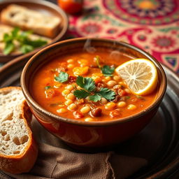 A beautifully styled bowl of traditional Algerian Harira soup, featuring warm, rich colors