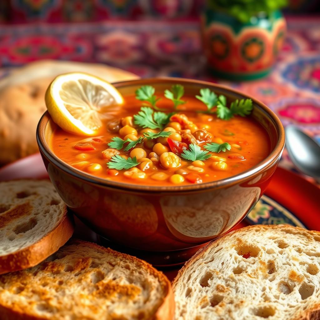 A beautifully styled bowl of traditional Algerian Harira soup, featuring warm, rich colors