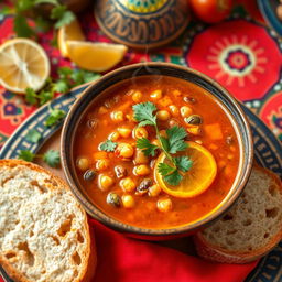 A beautifully styled bowl of traditional Algerian Harira soup, featuring warm, rich colors