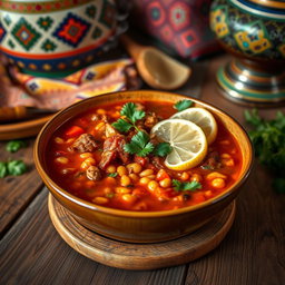A vibrant and inviting bowl of Algerian Harira soup, filled with rich tomatoes, lentils, chickpeas, and tender meat, garnished with fresh cilantro and lemon slices