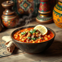 A vibrant and inviting bowl of Algerian Harira soup, filled with rich tomatoes, lentils, chickpeas, and tender meat, garnished with fresh cilantro and lemon slices
