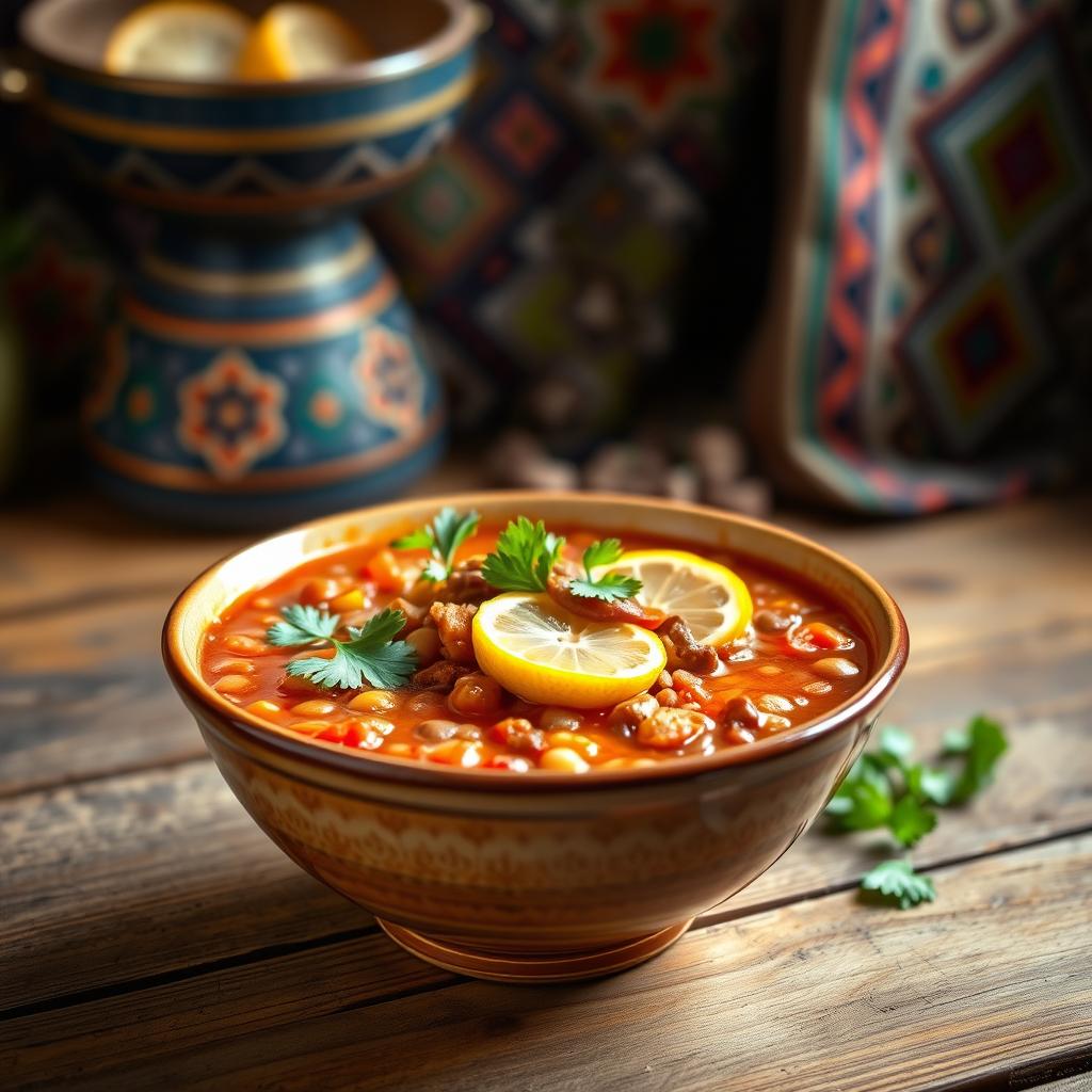 A vibrant and inviting bowl of Algerian Harira soup, filled with rich tomatoes, lentils, chickpeas, and tender meat, garnished with fresh cilantro and lemon slices