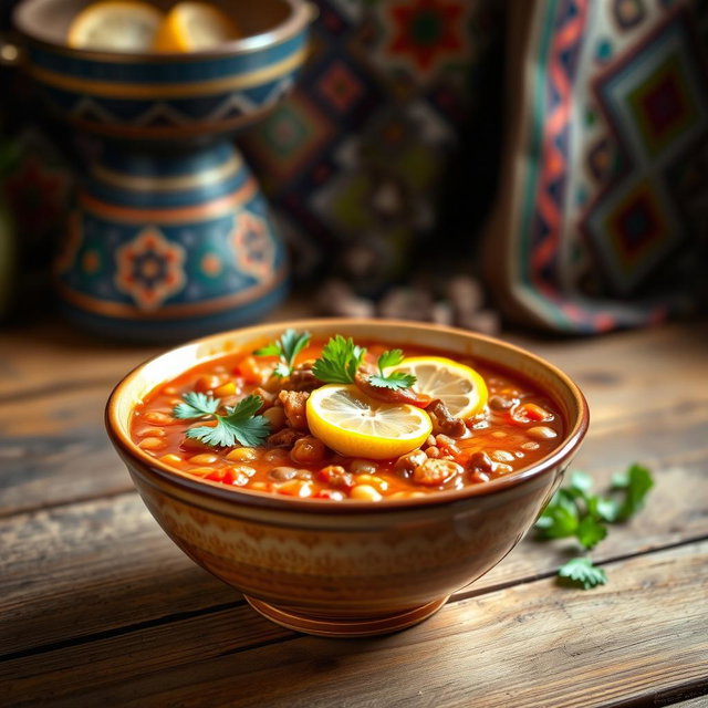 A vibrant and inviting bowl of Algerian Harira soup, filled with rich tomatoes, lentils, chickpeas, and tender meat, garnished with fresh cilantro and lemon slices
