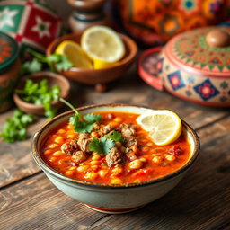 A vibrant and inviting bowl of Algerian Harira soup, filled with rich tomatoes, lentils, chickpeas, and tender meat, garnished with fresh cilantro and lemon slices