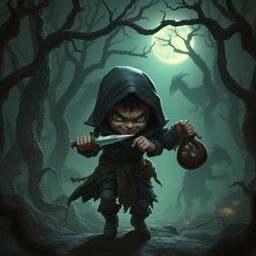 A small, cunning thief with sharp features and a sly grin, dressed in dark, tattered clothing, sneaking through a shadowy forest