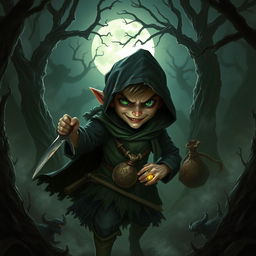 A small, cunning thief with sharp features and a sly grin, dressed in dark, tattered clothing, sneaking through a shadowy forest