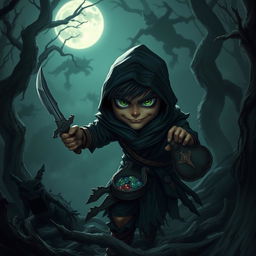 A small, cunning thief with sharp features and a sly grin, dressed in dark, tattered clothing, sneaking through a shadowy forest