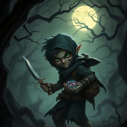 A small, cunning thief with sharp features and a sly grin, dressed in dark, tattered clothing, sneaking through a shadowy forest