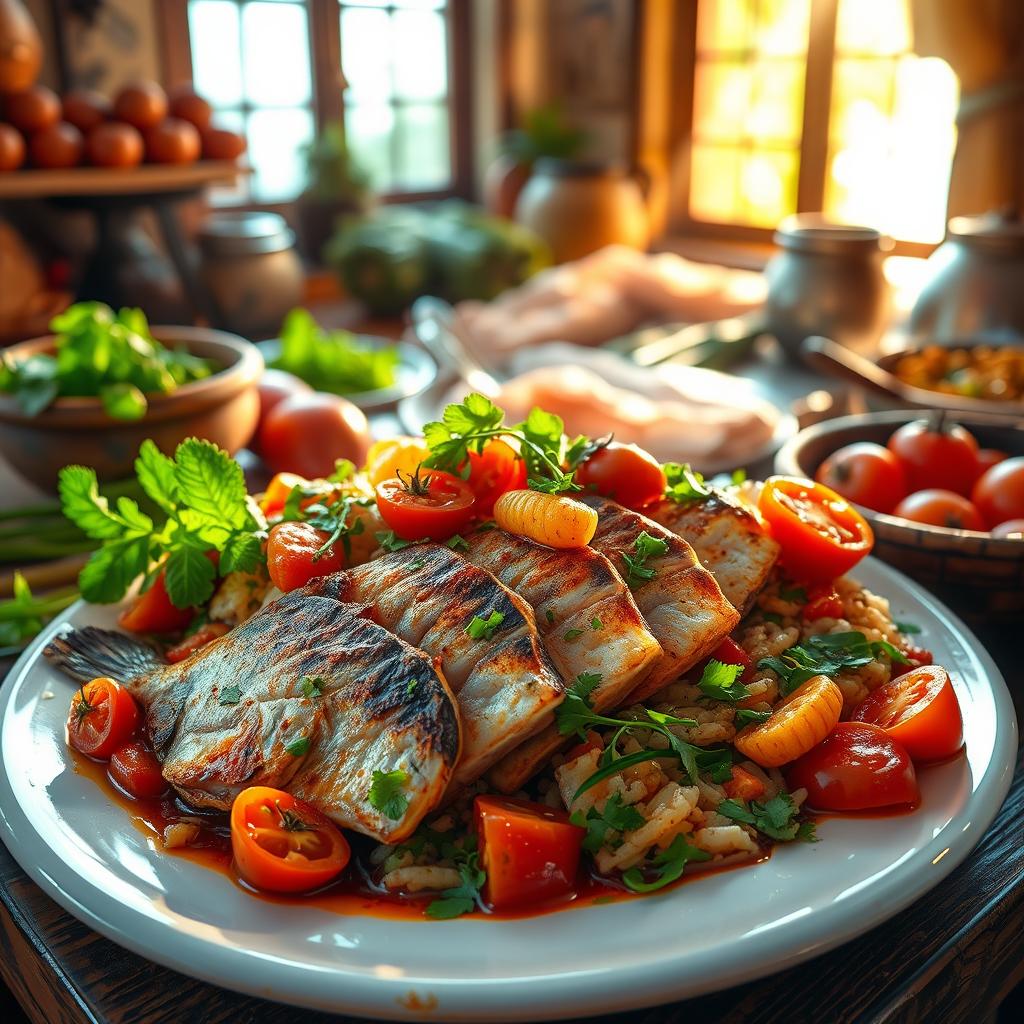 A vibrant and colorful depiction of a traditional 'Mataba de Poisson', a delicious dish made with fish, spices, and vegetables
