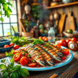 A vibrant and colorful depiction of a traditional 'Mataba de Poisson', a delicious dish made with fish, spices, and vegetables