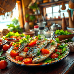 A vibrant and colorful depiction of a traditional 'Mataba de Poisson', a delicious dish made with fish, spices, and vegetables