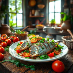 A vibrant and colorful depiction of a traditional 'Mataba de Poisson', a delicious dish made with fish, spices, and vegetables