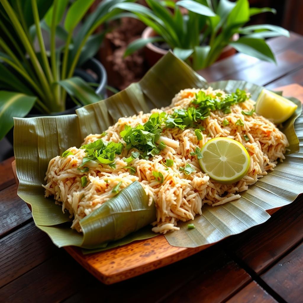 A beautifully arranged platter of 'Mataba de Poisson', showcasing the traditional dish made with finely shredded fish, wrapped in delicate banana leaves, garnished with vibrant green herbs and slices of lime