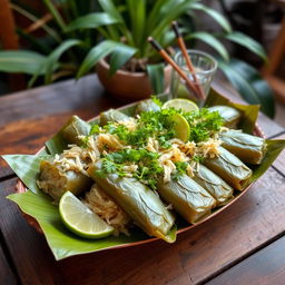 A beautifully arranged platter of 'Mataba de Poisson', showcasing the traditional dish made with finely shredded fish, wrapped in delicate banana leaves, garnished with vibrant green herbs and slices of lime