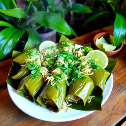 A beautifully arranged platter of 'Mataba de Poisson', showcasing the traditional dish made with finely shredded fish, wrapped in delicate banana leaves, garnished with vibrant green herbs and slices of lime