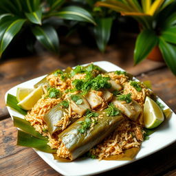 A beautifully arranged platter of 'Mataba de Poisson', showcasing the traditional dish made with finely shredded fish, wrapped in delicate banana leaves, garnished with vibrant green herbs and slices of lime