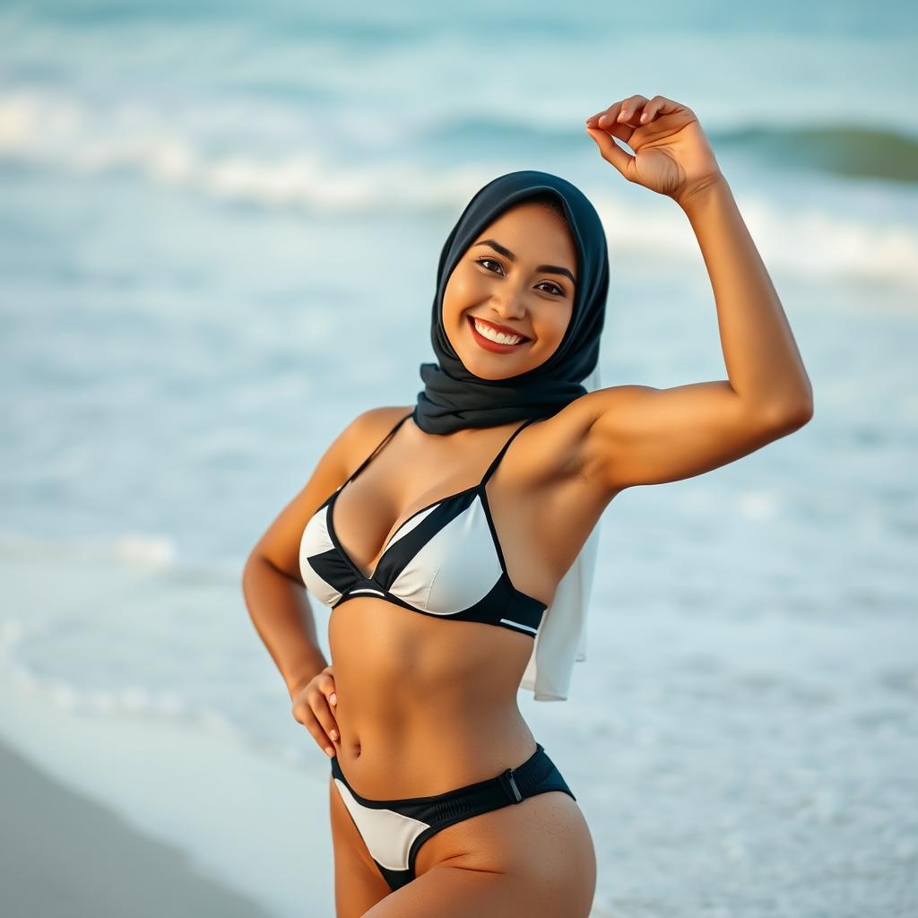A beautiful hijabi woman confidently wearing a stylish black and white bikini