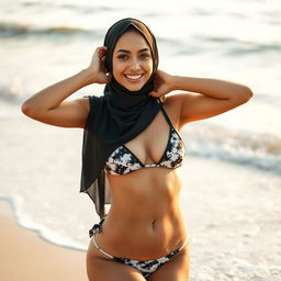A beautiful hijabi woman confidently wearing a stylish black and white bikini