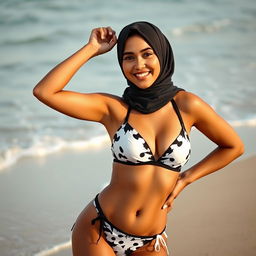 A beautiful hijabi woman confidently wearing a stylish black and white bikini