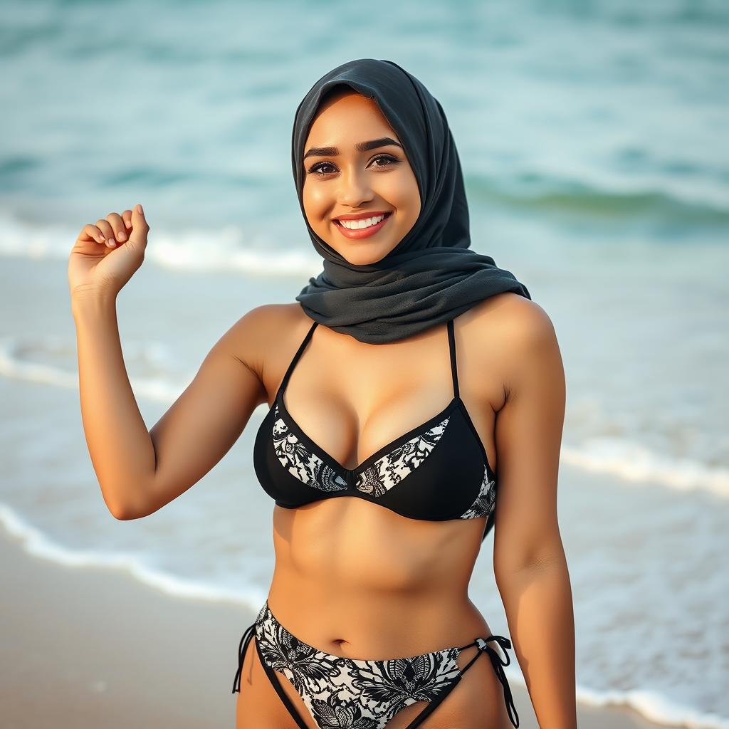 A beautiful hijabi woman confidently wearing a stylish black and white bikini