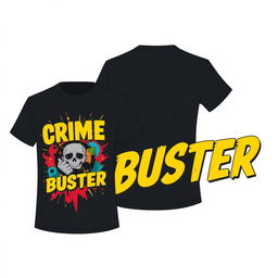 A stylish t-shirt design featuring a vibrant graphic on the front inspired by the second picture, showcasing bold colors and an appealing artwork that captures the essence of a crime-fighting theme