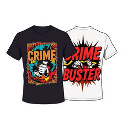 A stylish t-shirt design featuring a vibrant graphic on the front inspired by the second picture, showcasing bold colors and an appealing artwork that captures the essence of a crime-fighting theme