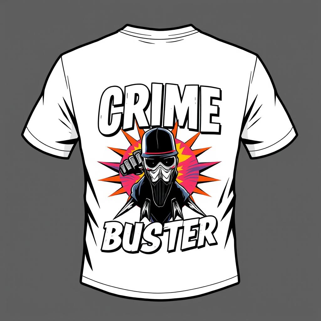 A stylish t-shirt design featuring a vibrant graphic on the front inspired by the second picture, showcasing bold colors and an appealing artwork that captures the essence of a crime-fighting theme