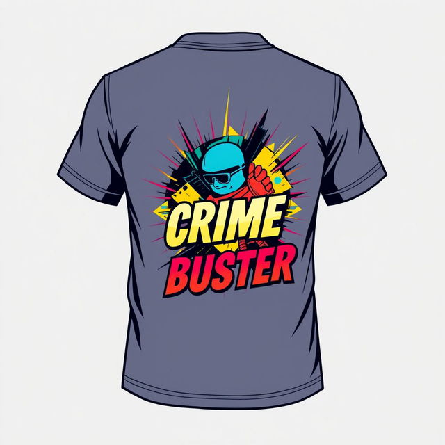 A stylish t-shirt design featuring a vibrant graphic on the front inspired by the second picture, showcasing bold colors and an appealing artwork that captures the essence of a crime-fighting theme