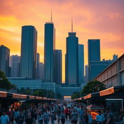 A brightly lit, sharp-focused image of a modern city skyline at sunset, showcasing skyscrapers with reflective glass windows